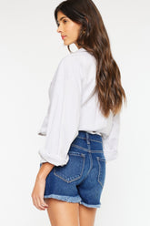 Kancan High Rise Frayed Hem Denim Shorts OutfitFlow
